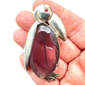 Vintage Antique Purple Glass Silver Stork Brooch Pin Stunning Big 2.75 Inch